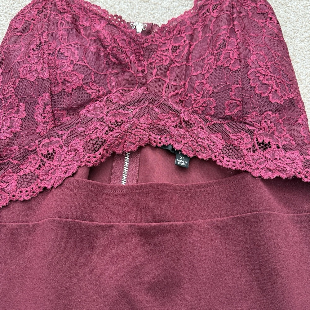 Honey Peach Women's XL Bodycon Mini Party Dress Maroon Lace Bodice Cut Out Belly - Picture 10 of 11